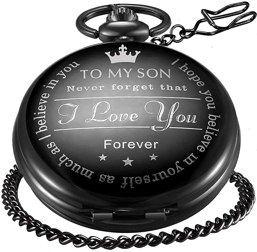 パーソナライズされたチェーン付き懐中時計、「to My Son」「I Love You」の刻印があり、誕生日、クリスマス、卒業ギフトに使用されます。